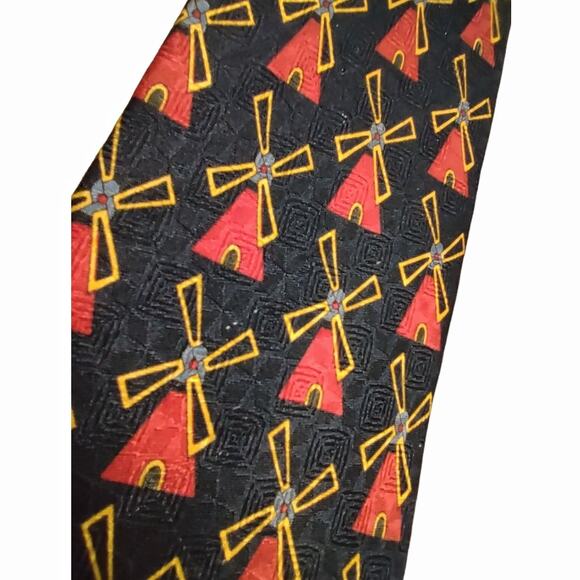 Mens 100% Silk Tie Black Red Gold Windmill Tie Professional Business Accessories - Picture 3 of 4